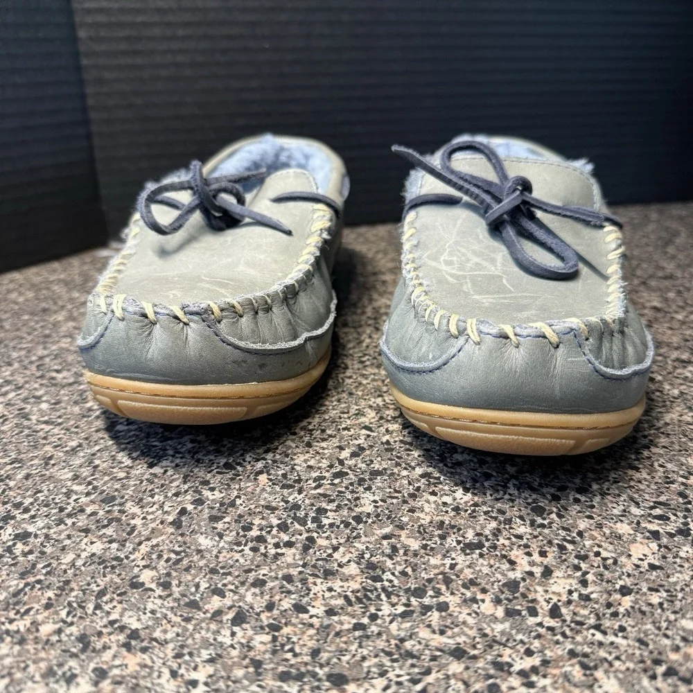 LL Bean Wicked Good Slippers Womens 8 Blue Gray Suede Moccasins Shearling Lined - Picture 5 of 15